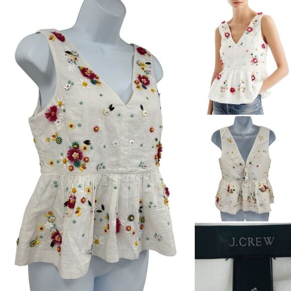 J. Crew Hand 3D Bead Embellished Peplum Babydoll Top Linen Sz.4 NWT - Picture 7 of 7